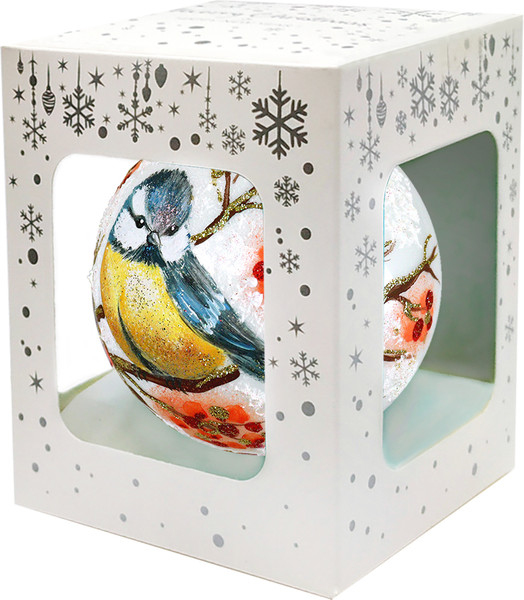 Изображение товара Шар новогодний Декарт Синичка на ветке рябины 8Ш0110 (10см, белый)