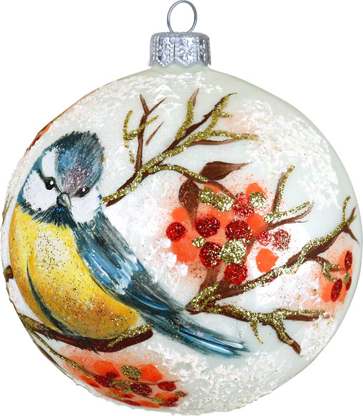 Изображение товара Шар новогодний Декарт Синичка на ветке рябины 8Ш0110 (10см, белый)