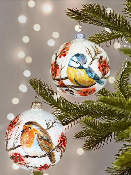 Изображение товара Шар новогодний Декарт Синичка на ветке рябины 8Ш0110 (10см, белый)
