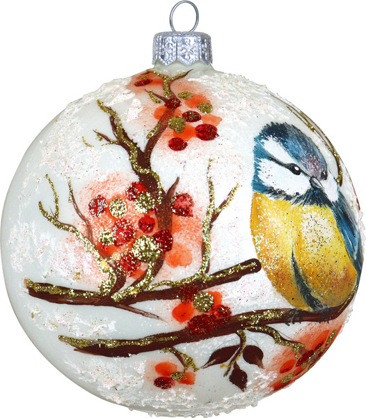 Изображение товара Шар новогодний Декарт Синичка на ветке рябины 8Ш0110 (10см, белый)