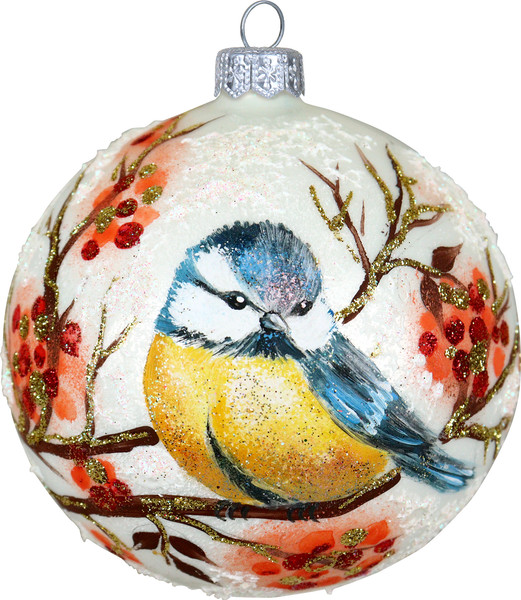 Изображение товара Шар новогодний Декарт Синичка на ветке рябины 8Ш0110 (10см, белый)