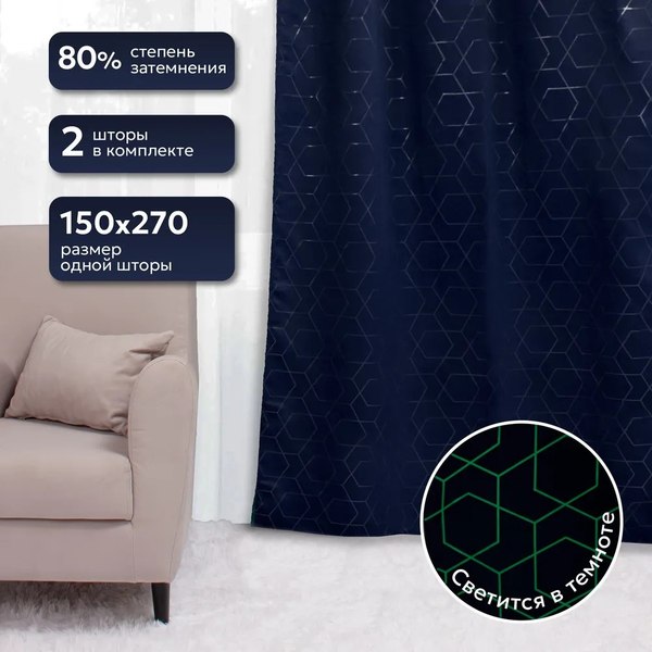 Изображение товара Шторы Casa Conforte Блэкаут 150x270 / 6189459 (2шт, однотонный темно-синий лента)