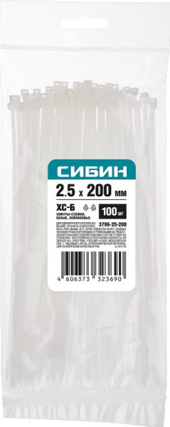 Изображение товара Стяжка для кабеля Сибин 200x2.5мм / 3786-25-200 (100шт, белый)
