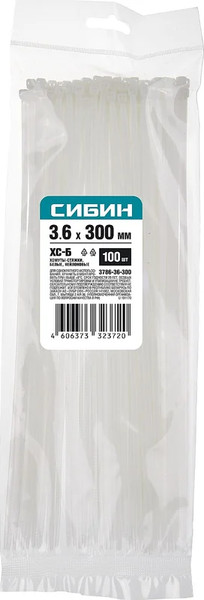 Изображение товара Стяжка для кабеля Сибин 300x3.6мм / 3786-36-300 (100шт, белый)
