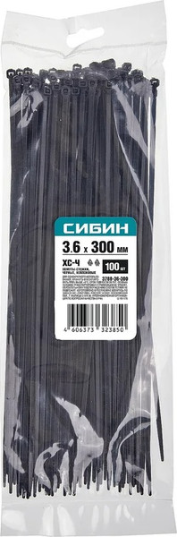 Изображение товара Стяжка для кабеля Сибин 300x3.6мм / 3788-36-300 (100шт, черный)