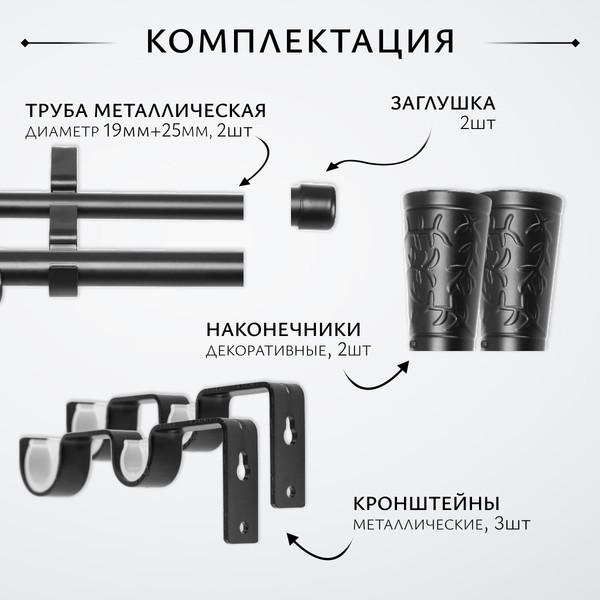 Изображение товара Карниз для штор Sundays Home Лайт Византия 25мм+19мм двухрядный (черный матовый, 2.4м)