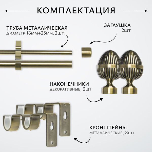Изображение товара Карниз для штор Sundays Home Лайт Одеон 25мм+16мм двухрядный (антик, 3м)