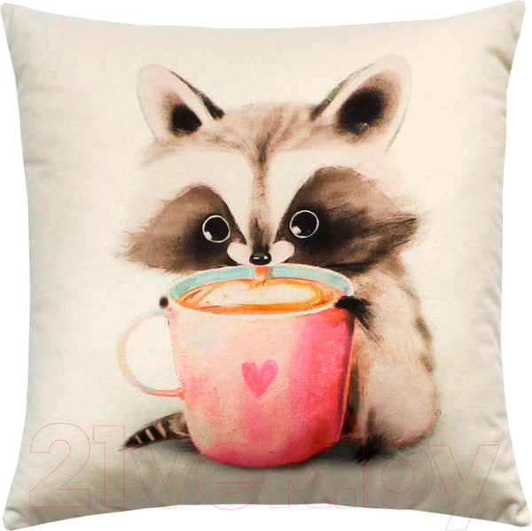 Изображение товара Подушка декоративная MATEX Fluffy. Енотик и кофеек / 62-349 (молочный/розовый/коричневый)