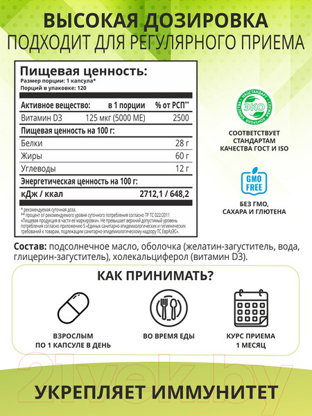 Изображение товара Витамин 1WIN D3 5000 ME (120 капсул)