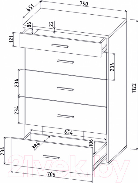 Изображение товара Комод Интерлиния Skill-57 (белый платинум/белый платинум)