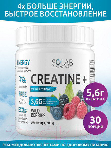 Изображение товара Креатин SOLAB Моногидрат (30 порций, 200гр, лесные ягоды)