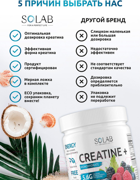 Изображение товара Креатин SOLAB Моногидрат (30 порций, 200гр, лесные ягоды)