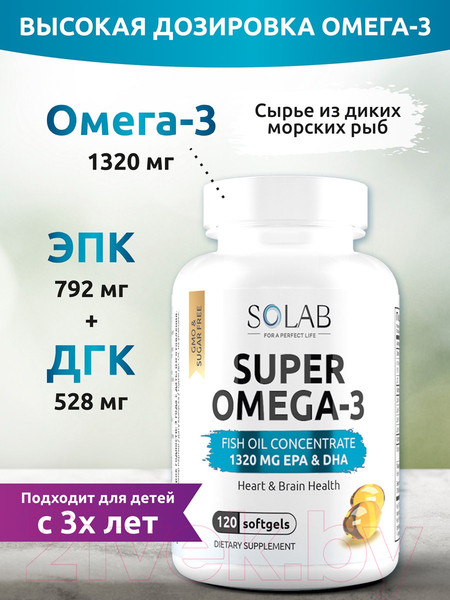 Изображение товара Жирные кислоты SOLAB Omega-3 исландский рыбий жир в капсулах высокой концентрации (120 капсул)