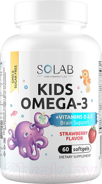 Изображение товара Мультивитаминный комплекс SOLAB Детский с витаминами D, E и Omega-3 (60 капсул, клубника)