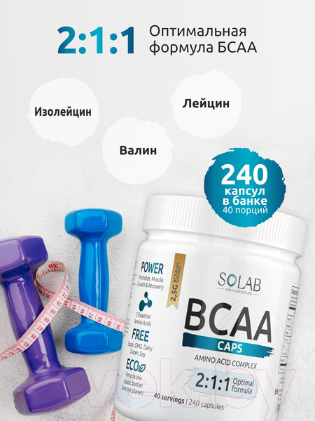 Изображение товара Аминокислоты BCAA SOLAB 2:1:1 (240 капсул, 40 порций)