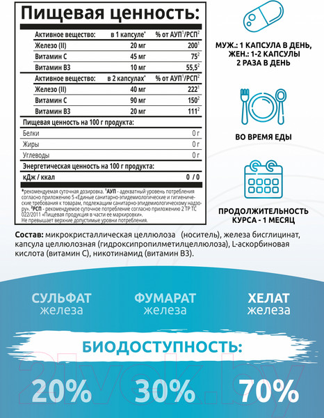 Изображение товара Пищевая добавка SOLAB Железо хелат (60 капсул)
