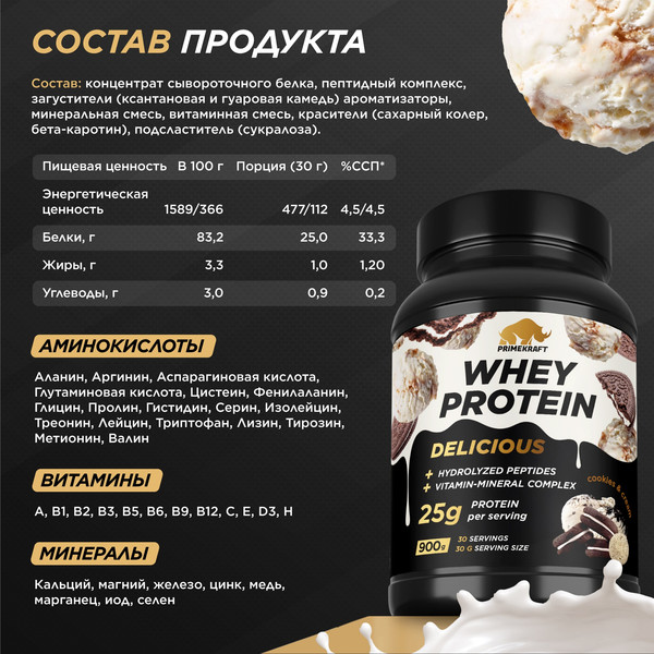 Изображение товара Протеин Prime Kraft Whey Deliсious Печенье и крем (900г)