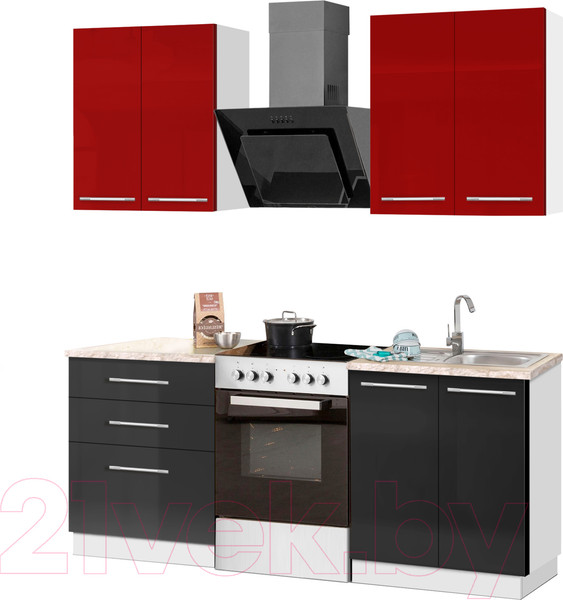 Изображение товара Кухонный гарнитур Кастанье Мила 1.2 (красный китайский глянец/черный глянец)