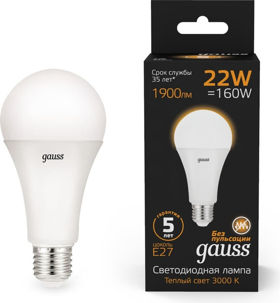 Изображение товара Лампа Gauss A70 22W 1900lm 3000K E27 / 102502122