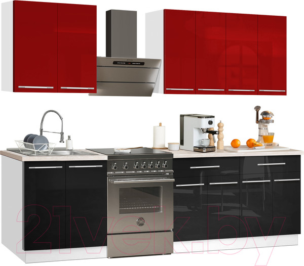 Изображение товара Кухонный гарнитур Кастанье Мила 2.0 (красный китайский глянец/черный глянец)