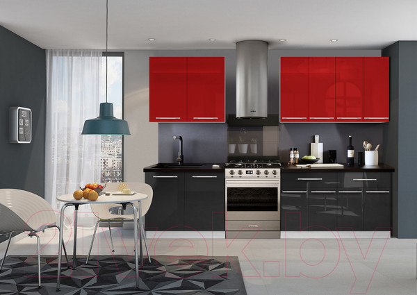Изображение товара Кухонный гарнитур Кастанье Мила 2.0 (красный китайский глянец/черный глянец)