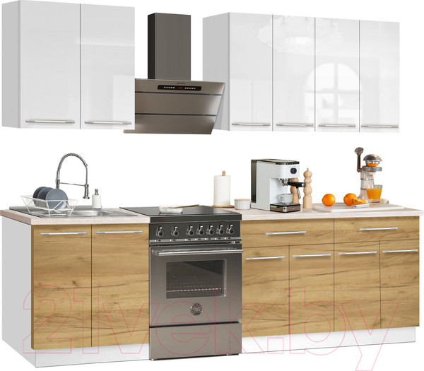 Изображение товара Кухонный гарнитур Кастанье Мила 2.0 (белый глянец/дуб крафт золотой матовый)