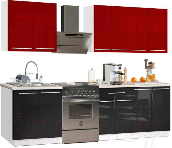 Изображение товара Кухонный гарнитур Кастанье Мила 2.2 (красный китайский глянец/черный глянец)