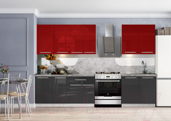 Изображение товара Кухонный гарнитур Кастанье Мила 2.2 (красный китайский глянец/черный глянец)