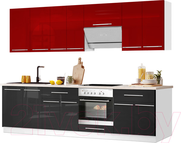 Изображение товара Кухонный гарнитур Кастанье Мила 2.6 (красный китайский глянец/черный глянец)