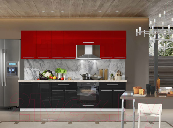 Изображение товара Кухонный гарнитур Кастанье Мила 2.6 (красный китайский глянец/черный глянец)
