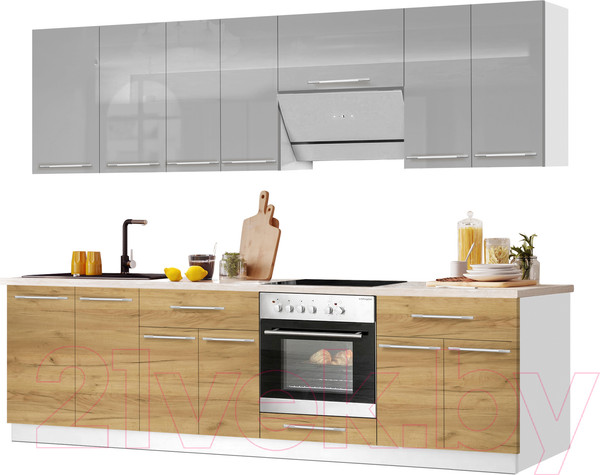 Изображение товара Кухонный гарнитур Кастанье Мила 2.6 (серый пыльный/дуб крафт золотой матовый)