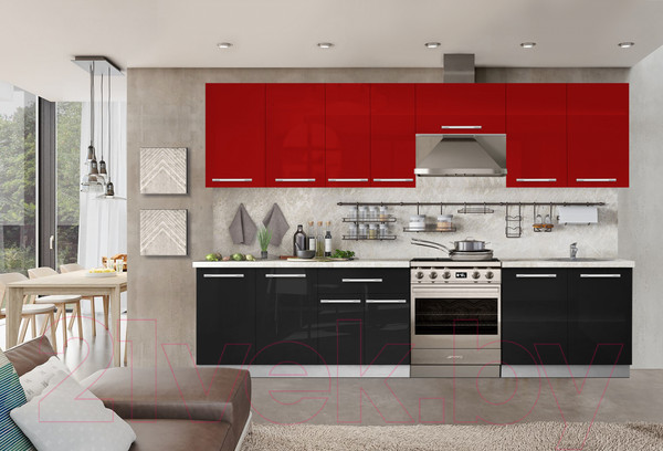 Изображение товара Кухонный гарнитур Кастанье Мила 2.8 (красный китайский глянец/черный глянец)