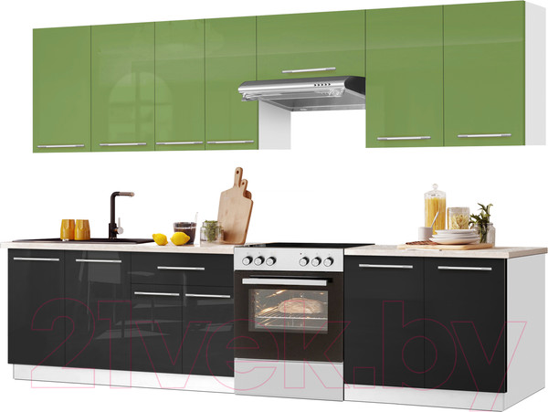 Изображение товара Кухонный гарнитур Кастанье Мила 2.8 (зеленый глянец/черный глянец)