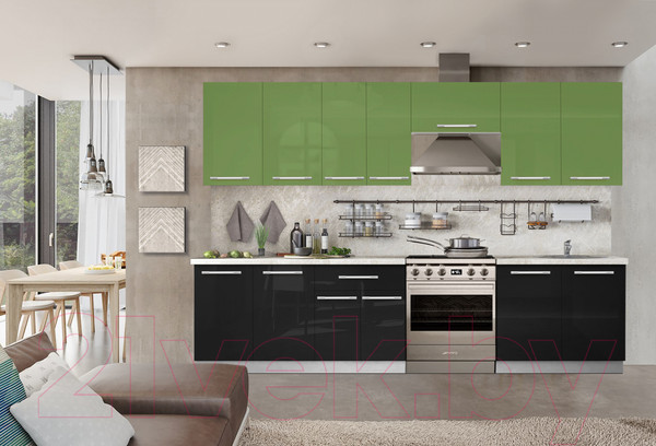 Изображение товара Кухонный гарнитур Кастанье Мила 2.8 (зеленый глянец/черный глянец)