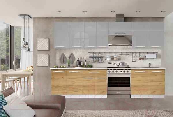 Изображение товара Кухонный гарнитур Кастанье Мила 2.8 (серый пыльный/дуб крафт золотой матовый)