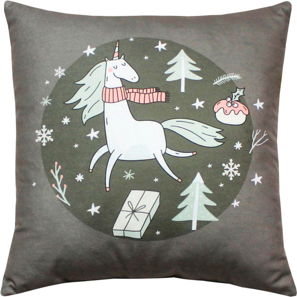 Изображение товара Подушка декоративная MATEX Winter. Единорожка на сером / 58-090 (серый/светло-зеленый)