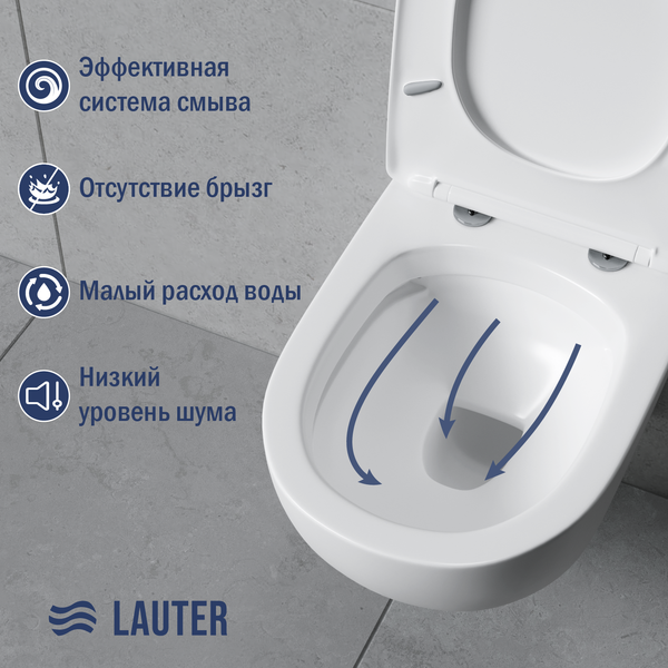 Изображение товара Унитаз подвесной с инсталляцией Lauter Sulzdorf + 21901001 (белый с микролифтом и кнопкой смыва 219703F сатин)