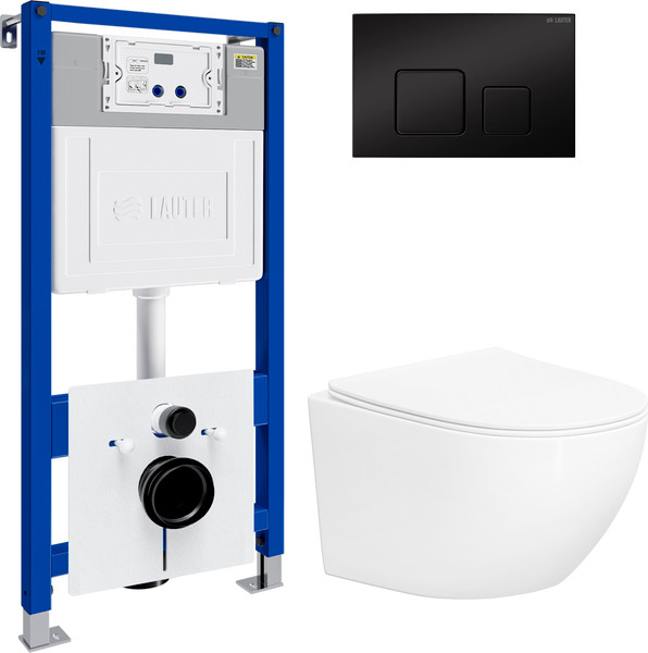 Изображение товара Унитаз подвесной с инсталляцией Lauter Sulzdorf + 21901001 (белый с микролифтом и кнопкой смыва 219704F черный)