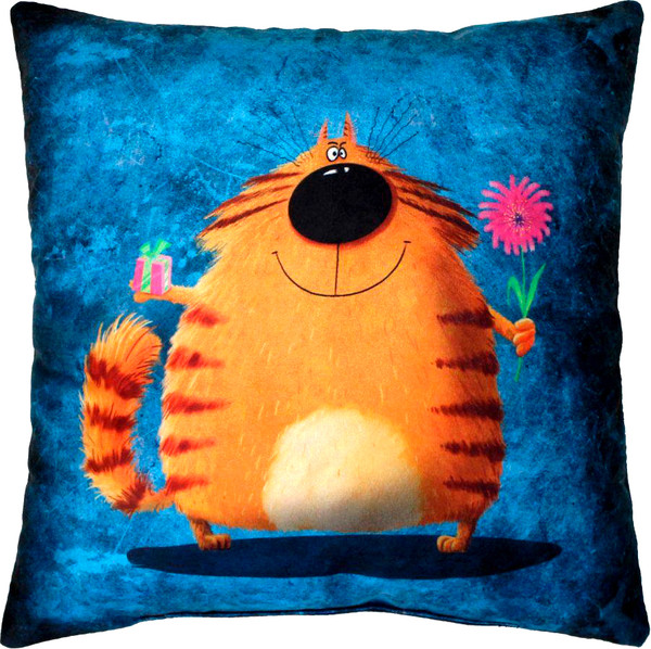 Изображение товара Подушка декоративная MATEX Kotoklism line. Подарок и цветок / 28-932 (синий/оранжевый)