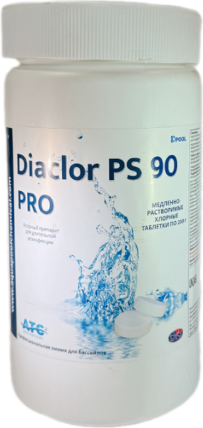 Изображение товара Средство для бассейна дезинфицирующее ATC pool chemicals Diaclor медленнорастворимые хлорные таблетки по 200г (1кг)