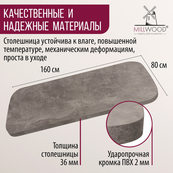 Изображение товара Столешница для стола Millwood Закругленная 160x80x3.6 (бетон)