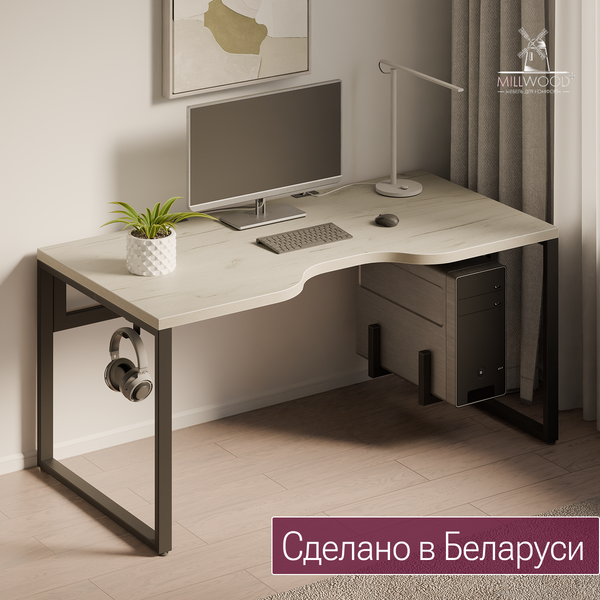 Изображение товара Компьютерный стол Millwood Каир 2 с вырезом 140x80x74.2 (дуб белый Craft/металл черный)