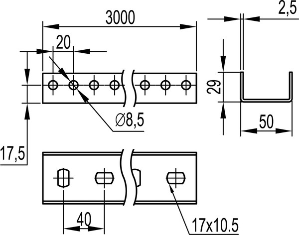 Изображение товара Профиль монтажный DKC П-образный 29x50 L3000 2.5мм PSM / BPM2930