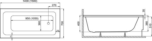 Изображение товара Ванна акриловая Polimat Monza 150x70 / 00590 (белый, с ножками)