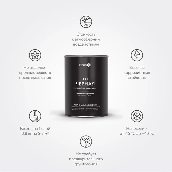 Изображение товара Грунт-эмаль Elcon По ржавчине 3в1 (800г, глянцевый черный)