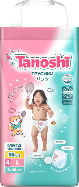 Изображение товара Подгузники-трусики детские Tanoshi Baby Pants L 9-14кг (56шт)