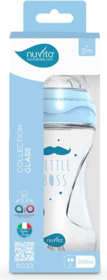 Изображение товара Бутылочка для кормления Nuvita Антиколиковая Glass Collection 6033 / NU-ALMB1040 (240мл, голубой)