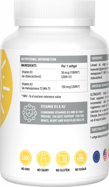 Изображение товара Витаминно-минеральный комплекс Ultrasupps Vitamin D3 + К2 (30 капсул)
