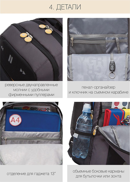 Изображение товара Школьный рюкзак Grizzly RB-156-2 (черный/хаки)