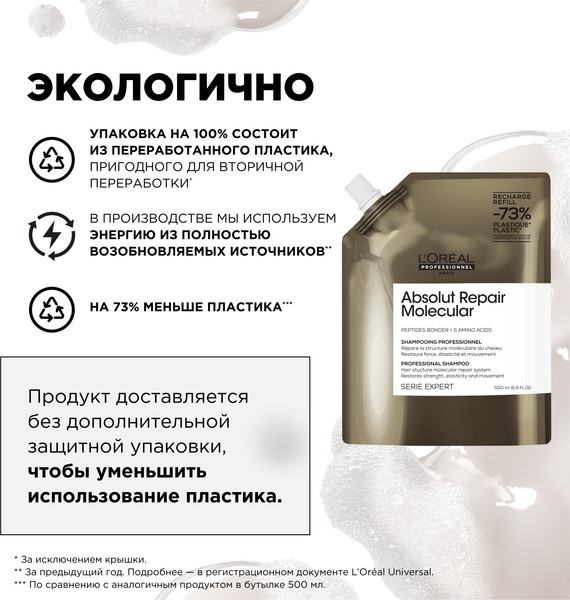 Изображение товара Шампунь для волос L'Oreal Professionnel Absolut Repair Molecular Для восстановления волос Рефил (500мл)
